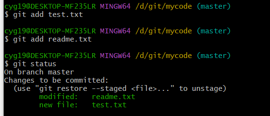先使用git add 命令把2个文件都添加到暂存区中，再使用git status来查看下状态